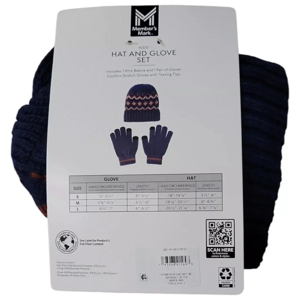 NWT‎ Member's Mark Kids Warm & Cozy Knit Hat and Glove Set Navy MEDIUM